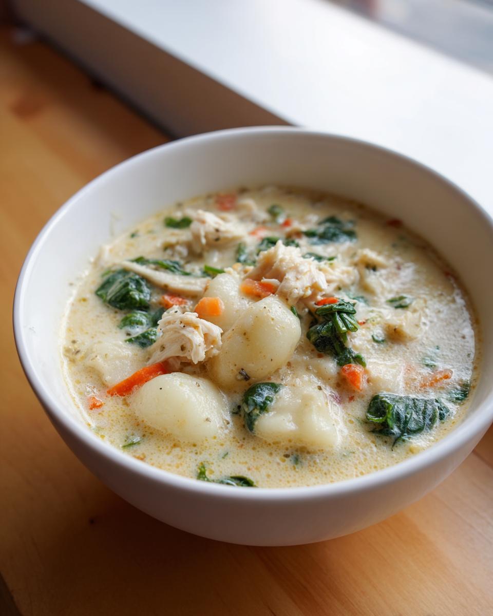 Close-up of a white bowl filled with creamy olive garden chicken gnocchi soup, showing gnocchi, shredded chicken, and spinach.