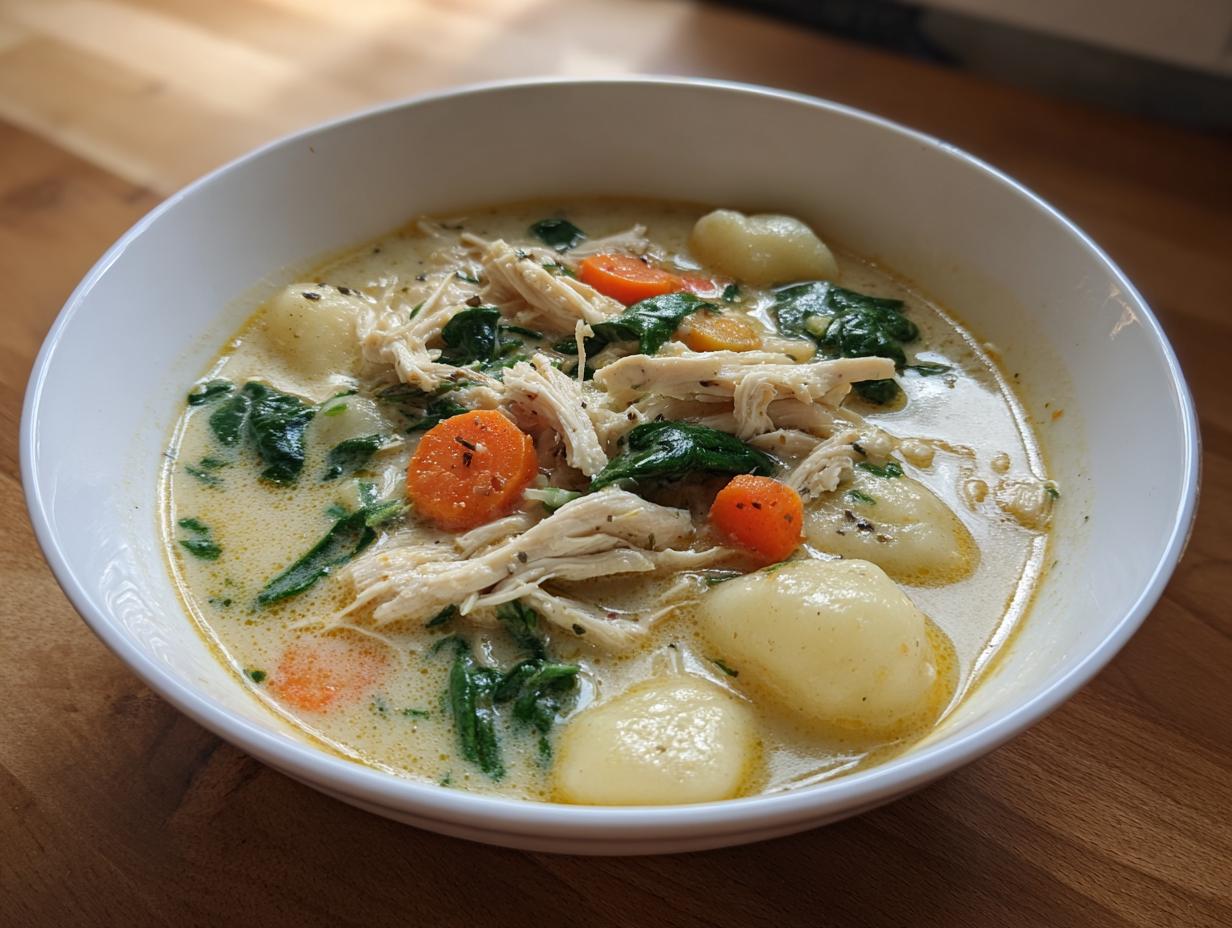 A close-up of a white bowl filled with creamy olive garden chicken gnocchi soup, featuring shredded chicken, spinach, and carrots.