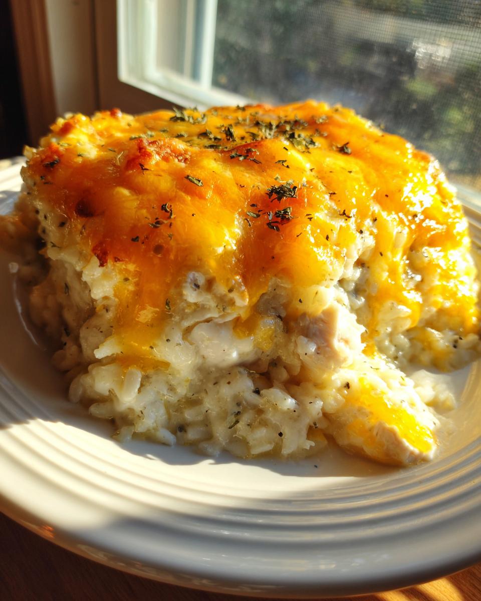 A close-up of a serving of creamy chicken and rice casserole topped with melted cheddar cheese.