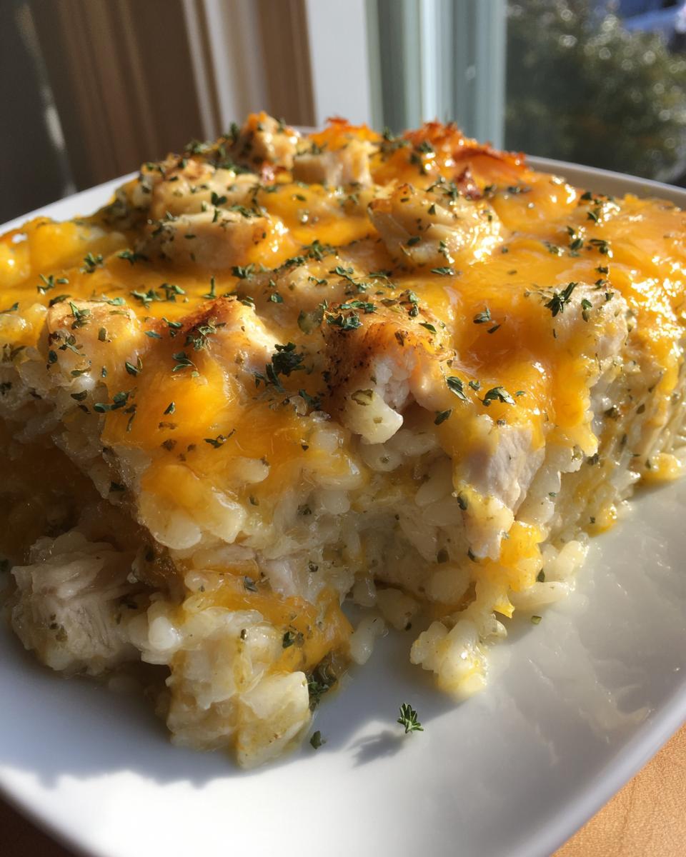 Close-up of a serving of cheesy chicken and rice casserole topped with melted cheddar and parsley.