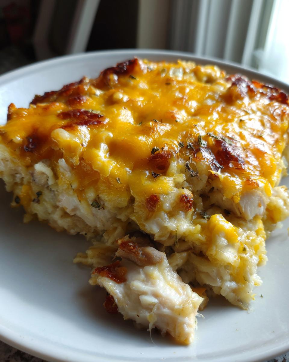 A close-up of a serving of creamy chicken and rice casserole topped with melted, browned cheddar cheese.