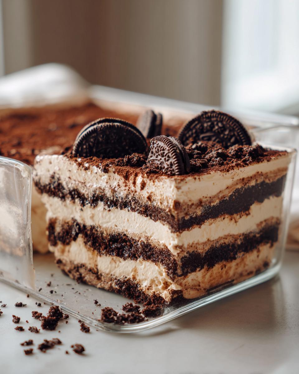 A close-up slice of layered dirt cake showing cream and crushed cookie layers, topped with Oreos.