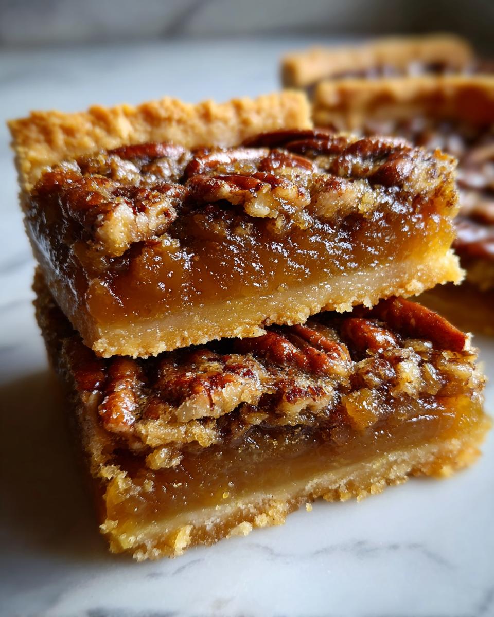 Two stacked squares of rich, gooey pecan pie cobbler recipe bars showing a thick pecan topping and buttery crust.