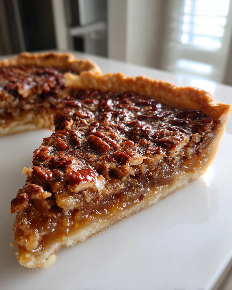 A close-up of a thick slice of pecan pie cobbler recipe showing the gooey filling and pecan topping.