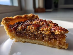 Close-up of a glistening slice of pecan pie cobbler recipe showing the flaky crust and rich, syrupy pecan filling.