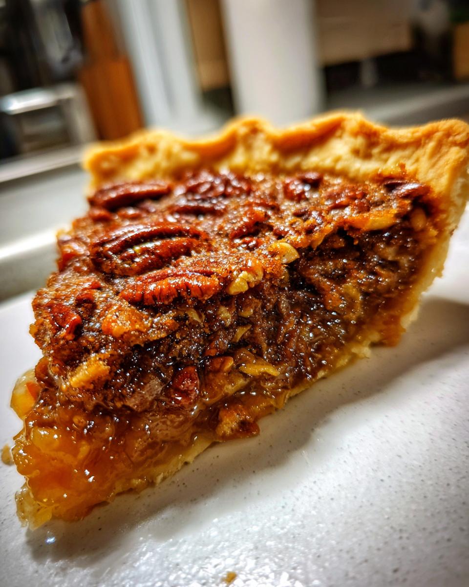 Close-up of a gooey, rich slice from a pecan pie cobbler recipe showing the caramelized filling and whole pecans.