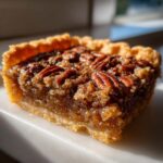 Close-up of a rich, gooey slice from a pecan pie cobbler recipe, showing pecans and a flaky crust.