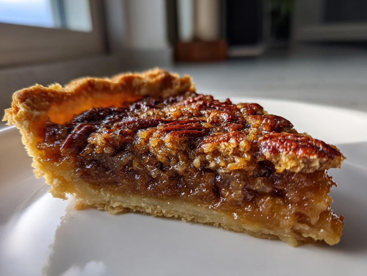 Close-up of a glistening slice of pecan pie cobbler recipe showing the flaky crust and rich, syrupy pecan filling.