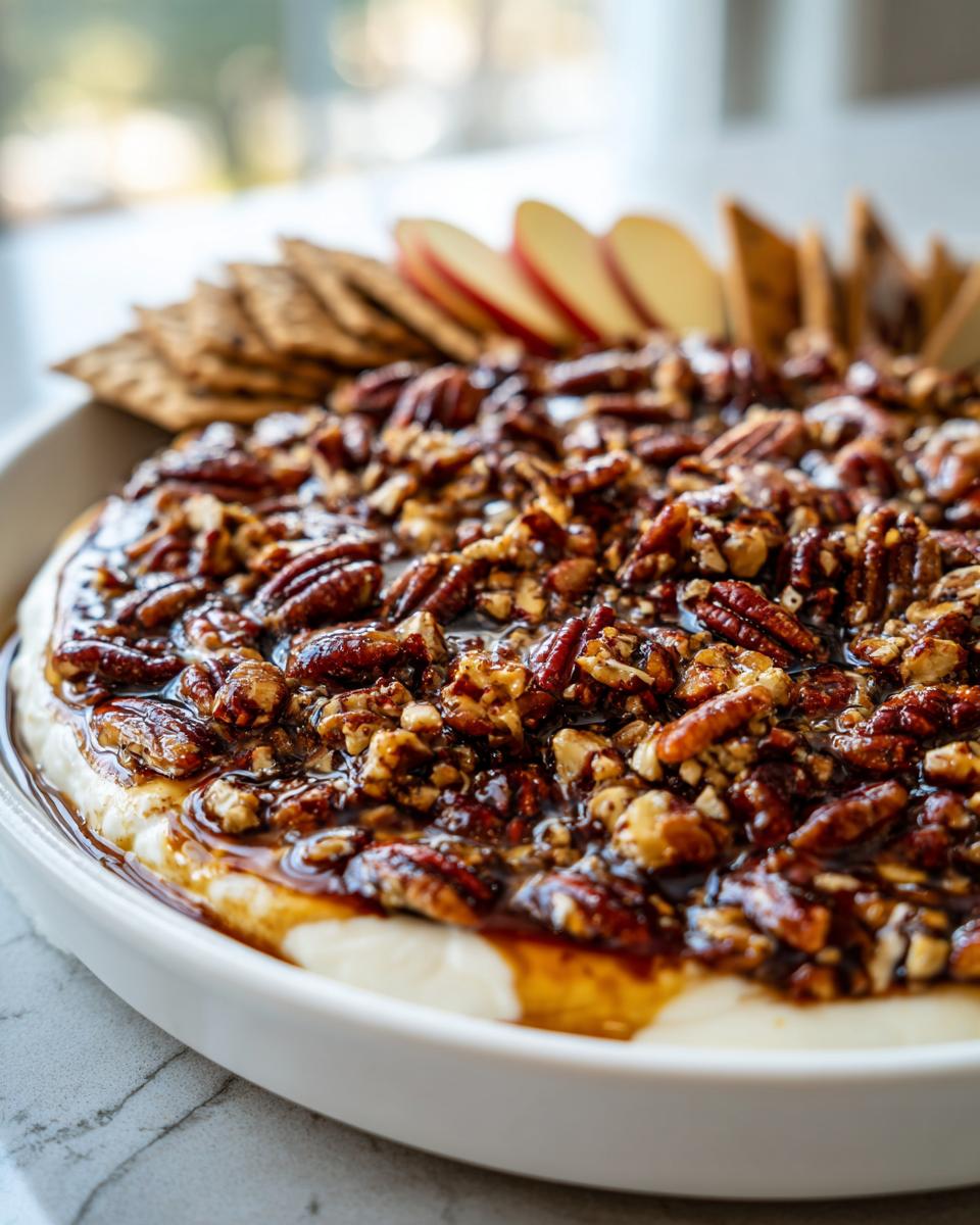 A creamy base topped with candied pecans for a delicious pecan pie dip, served with apple slices and crackers.