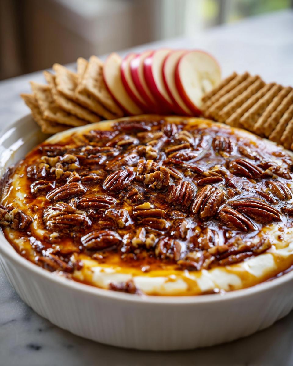 Close-up of a sweet pecan pie dip topped with glazed pecans, served with apple slices and crackers.