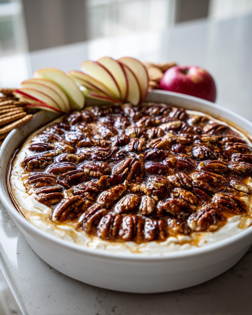 A close-up of a white dish filled with creamy pecan pie dip topped with glazed pecans, served with apple slices.