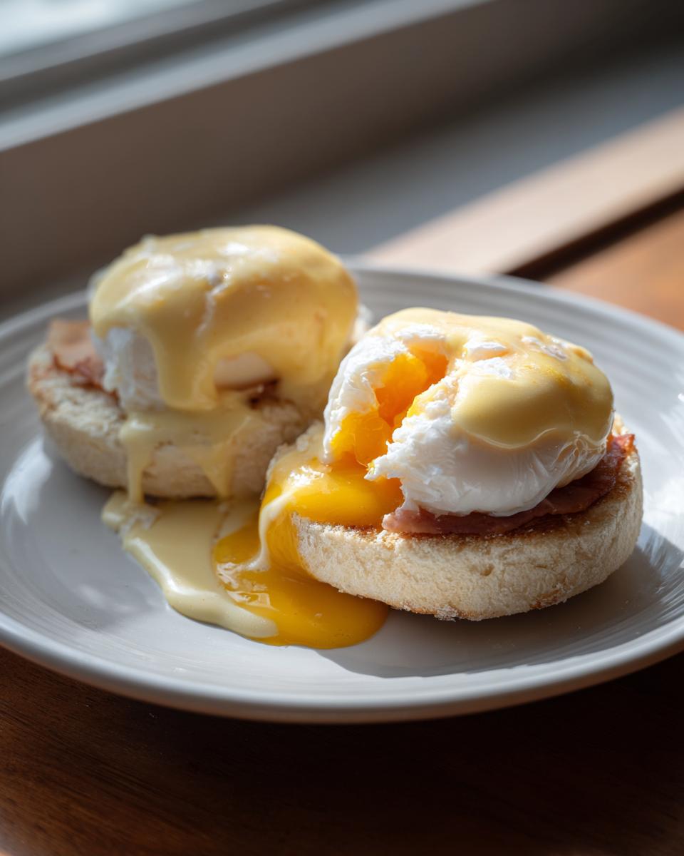 Two servings of eggs benedict on an English muffin with ham, topped with hollandaise sauce, showing a runny yolk.