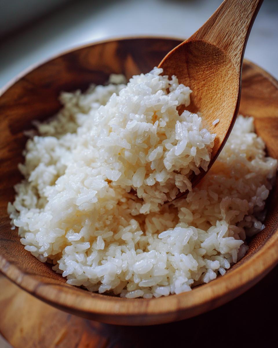 Close-up of perfectly cooked, glossy sushi rice being scooped out of a wooden bowl with a wooden spoon.