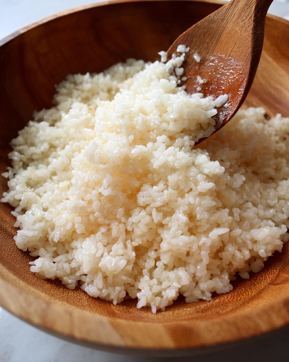 Close-up of perfectly seasoned sushi rice being fluffed with a wooden paddle in a traditional wooden bowl.