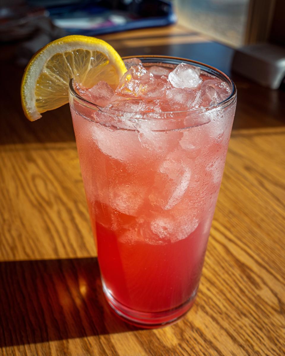 A tall, sweating glass filled with bright pink lemonade, ice cubes, and garnished with a fresh lemon slice.