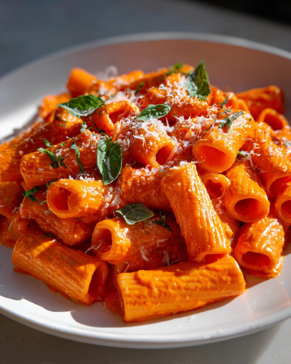 Close-up of rigatoni pasta coated in vibrant pink sauce pasta, topped with grated cheese and fresh basil leaves.