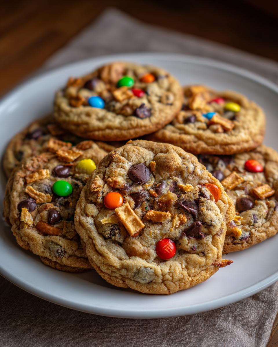 A stack of freshly baked kitchen sink cookies loaded with chocolate chips, M&Ms, and pretzel pieces on a white plate.