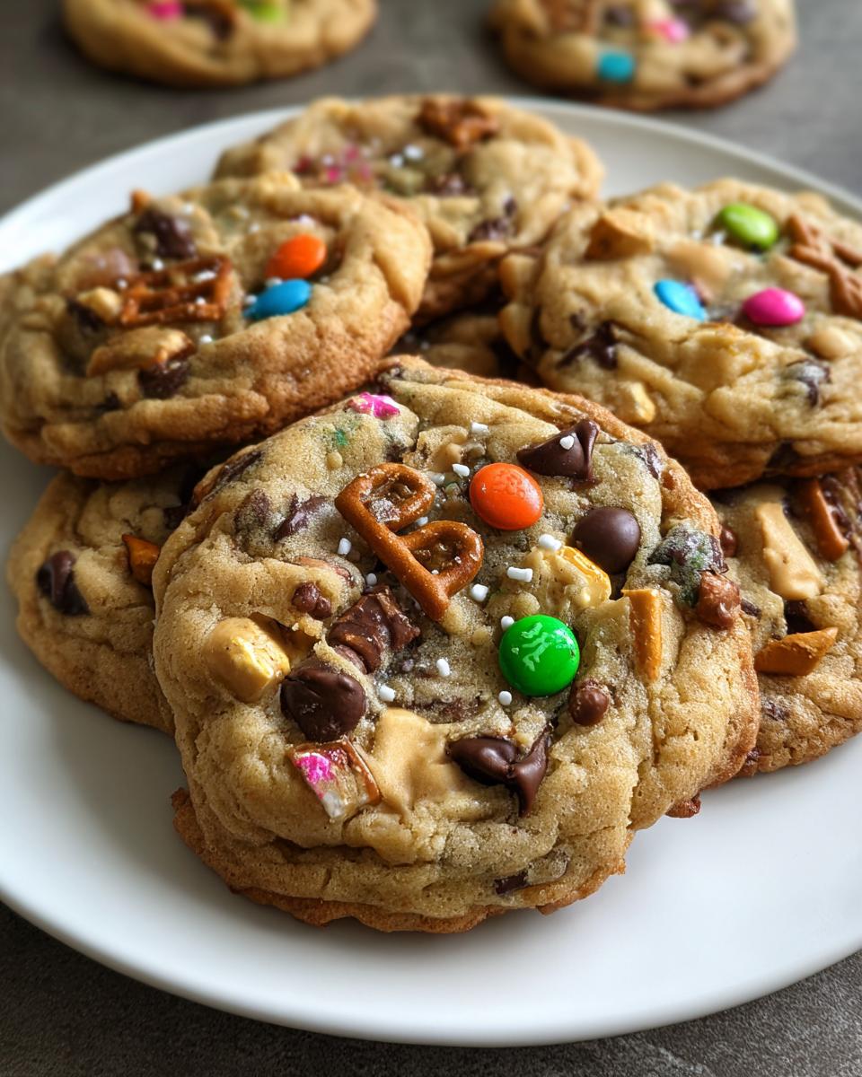 A close-up of several thick, chewy kitchen sink cookies piled on a white plate, loaded with chocolate chips, M&Ms, and pretzel pieces.