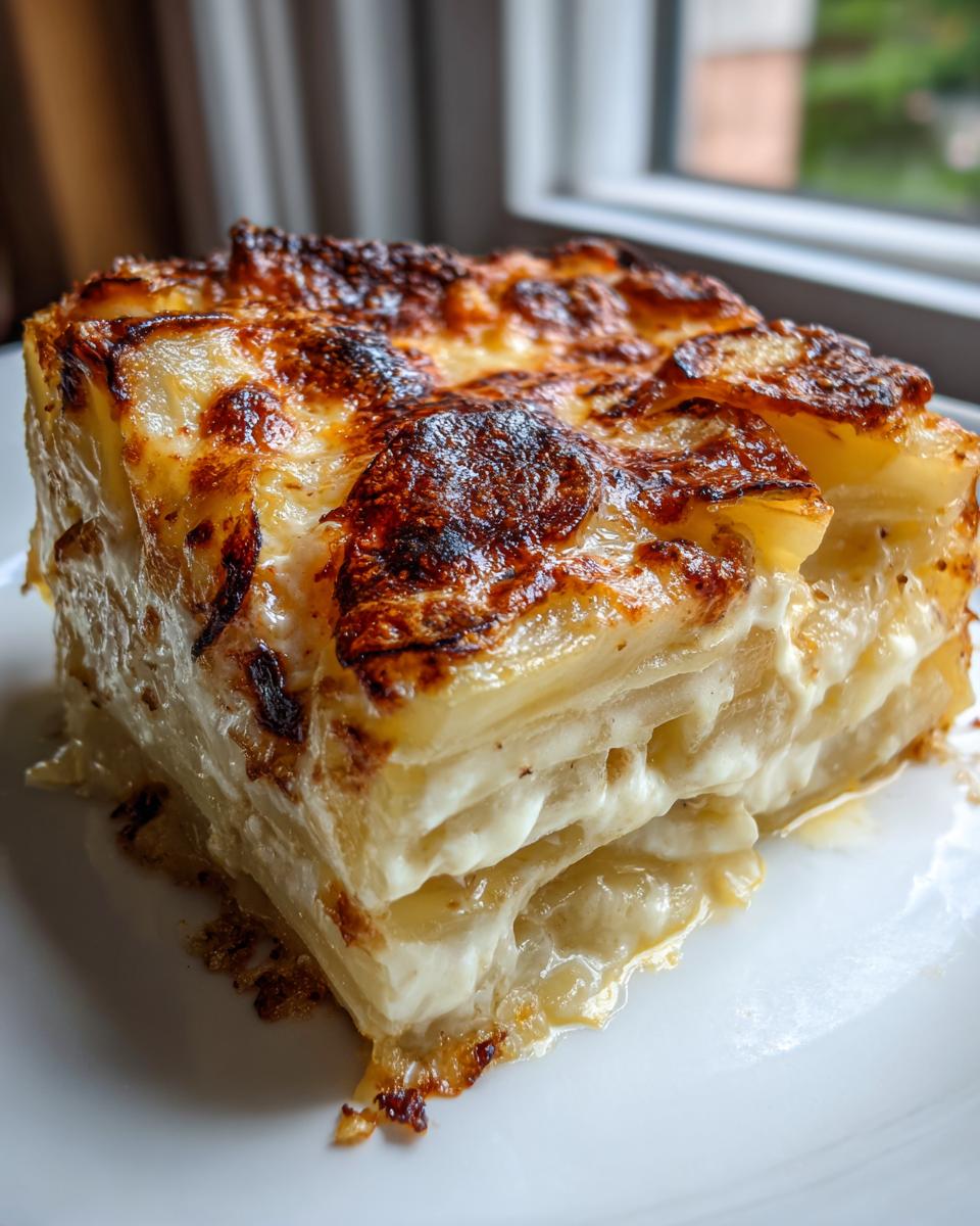 A thick, layered slice of creamy potatoes au gratin with a deeply browned, cheesy crust.