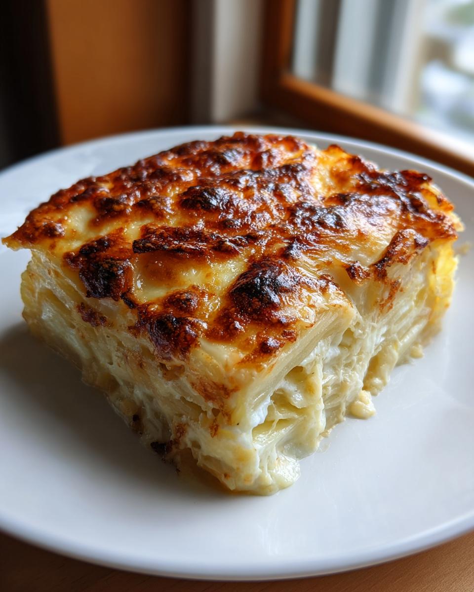 A square serving of creamy, layered potatoes au gratin with a deeply browned, cheesy crust.