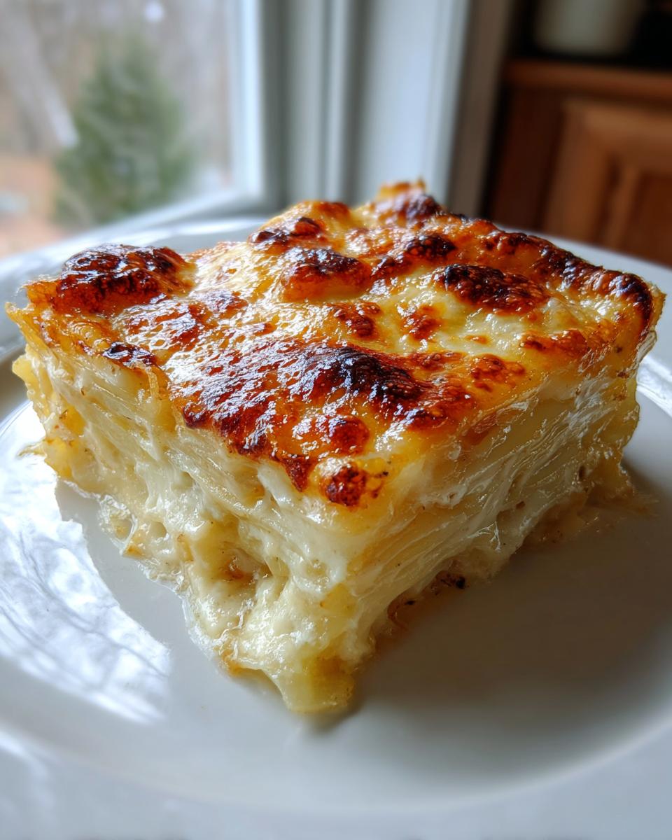 A rich, square slice of potatoes au gratin featuring creamy layers and a deeply browned, cheesy crust.