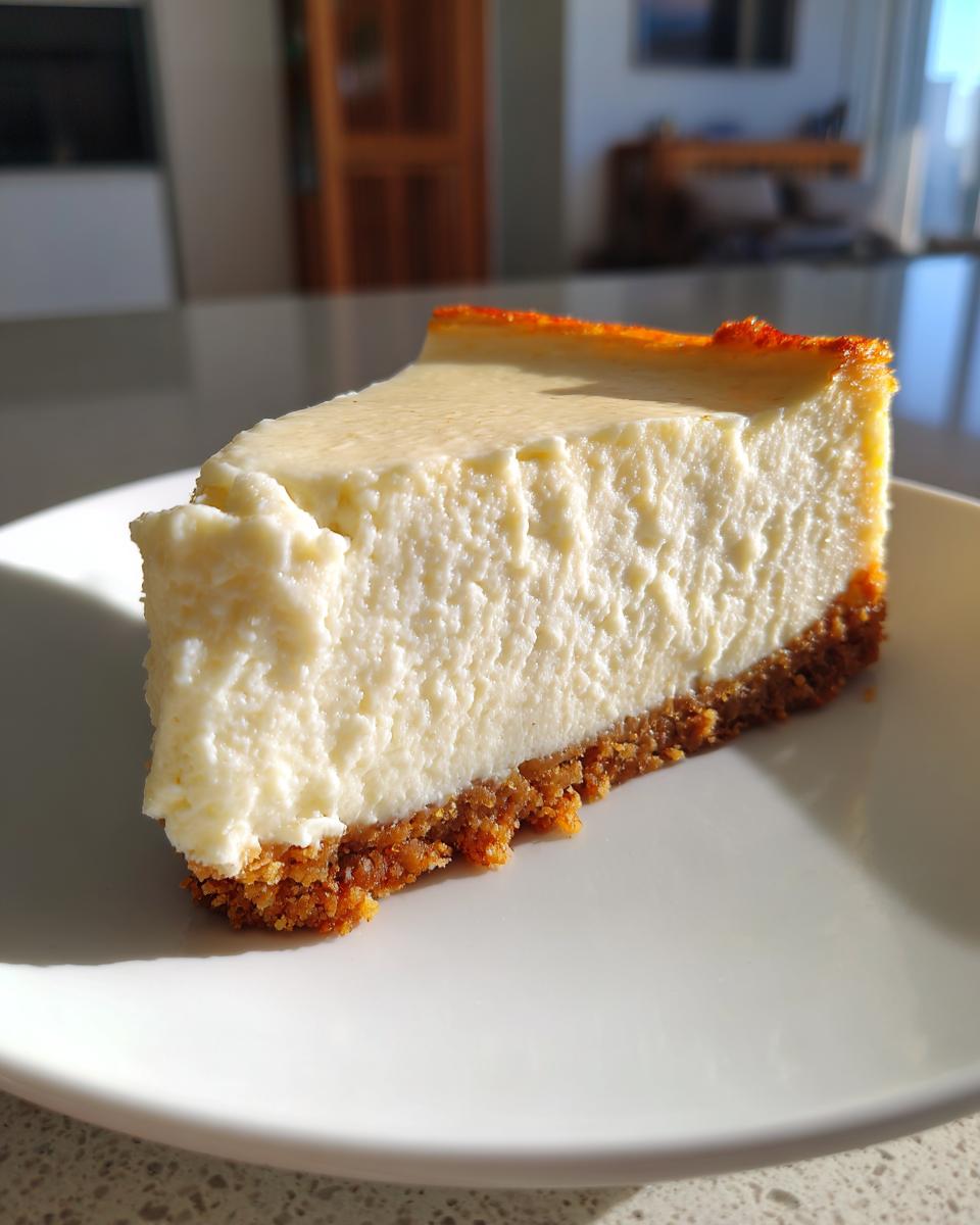 A thick slice of baked Protein Cheesecake with a creamy white filling and graham cracker crust, served on a white plate.