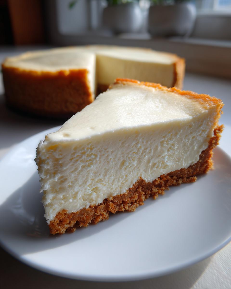 A close-up slice of creamy Protein Cheesecake with a thick graham cracker crust on a white plate.