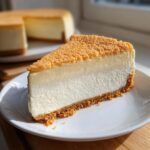A perfect slice of creamy Protein Cheesecake with a thick graham cracker crust and crumb topping on a white plate.