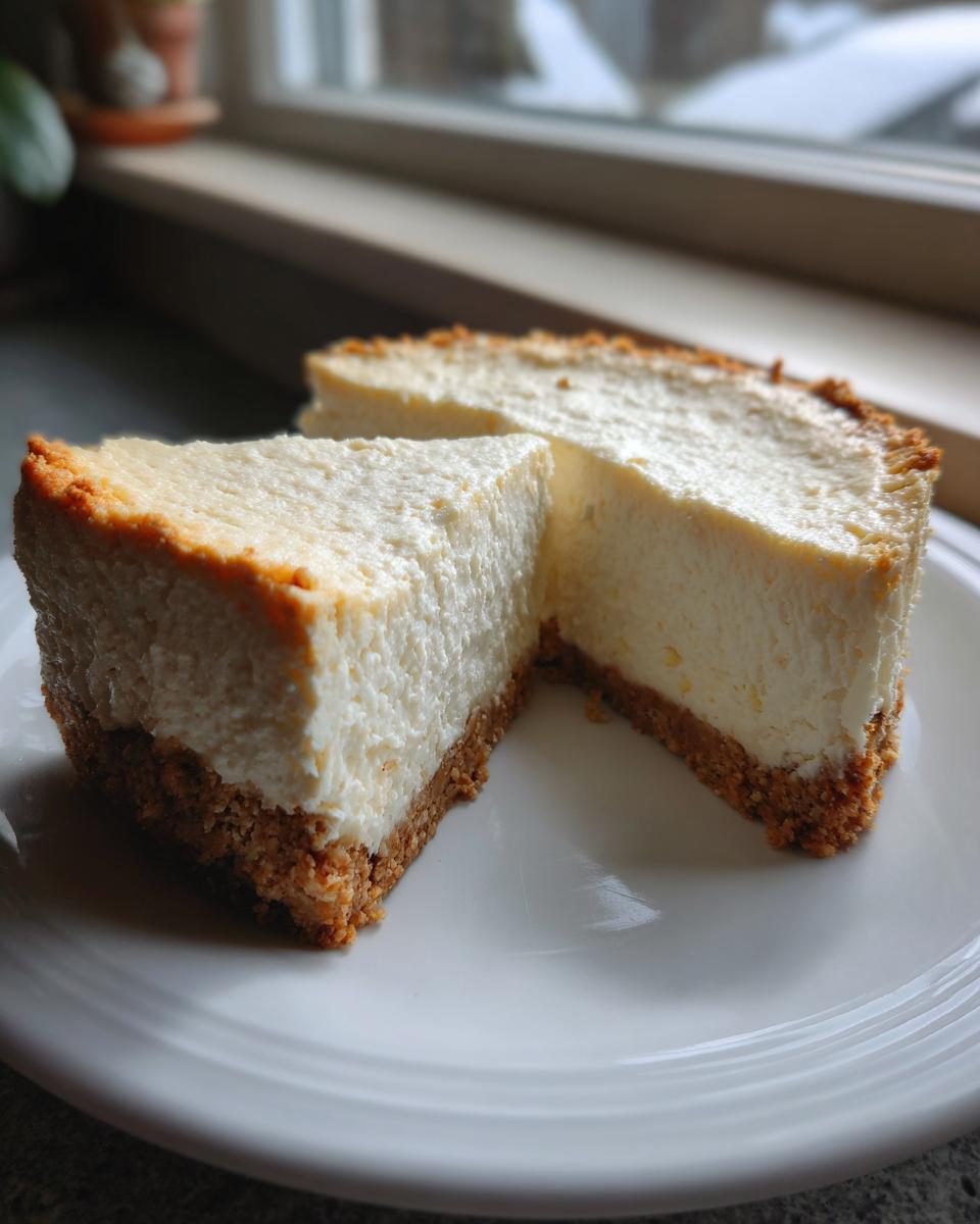 Two thick slices of creamy Protein Cheesecake with a graham cracker crust served on a white plate.