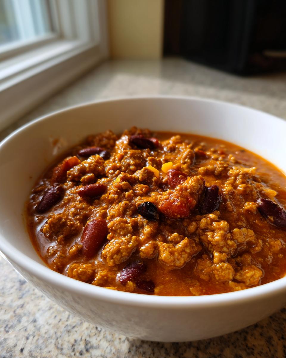 Close-up of a white bowl filled with rich, thick pumpkin chili featuring ground meat and dark red kidney beans.