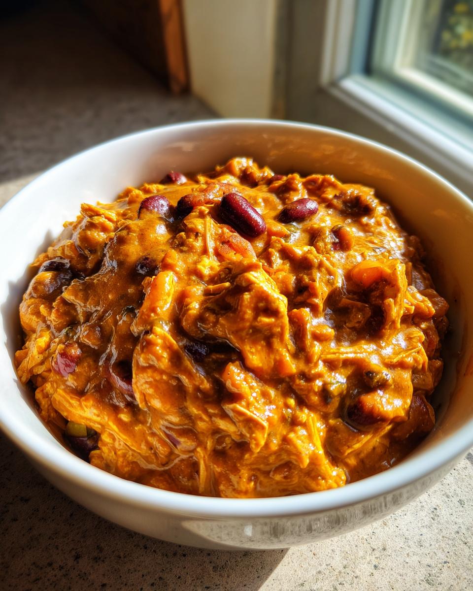 A close-up of a thick, orange pumpkin chili with visible kidney beans served in a white bowl.