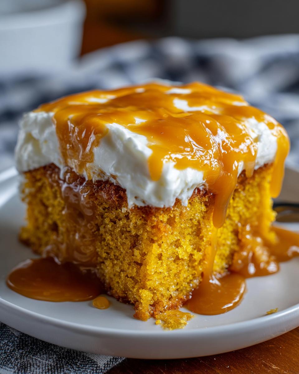 Close-up of a moist slice of pumpkin poke cake topped with whipped cream and dripping caramel sauce.