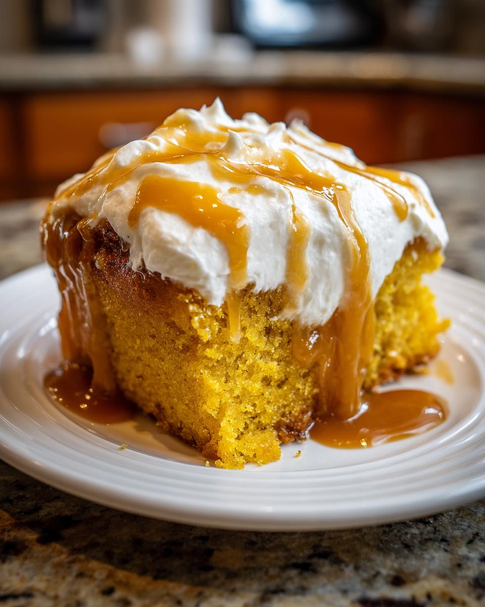 A close-up of a moist slice of pumpkin poke cake topped with whipped cream and drizzled generously with caramel sauce.