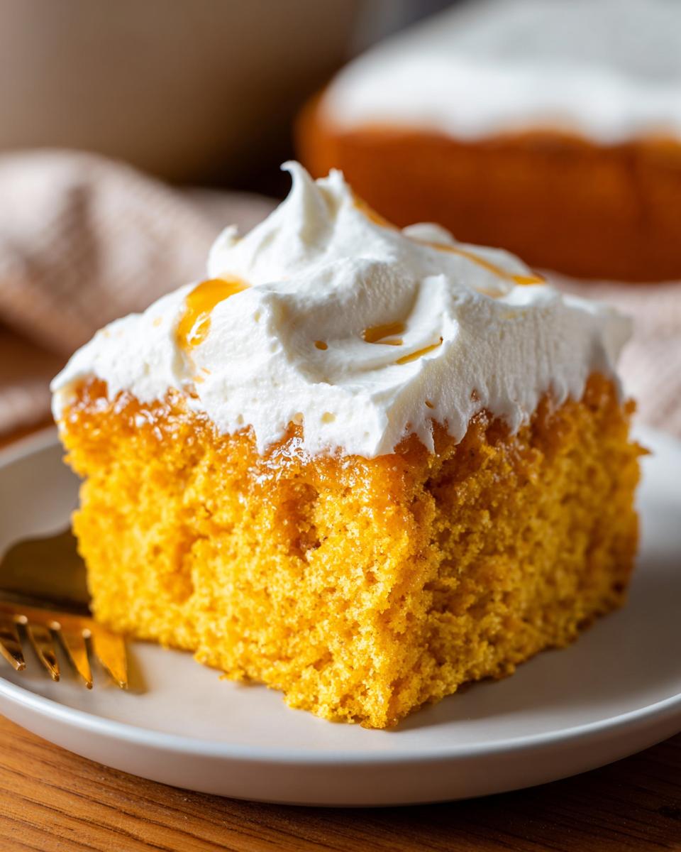 A close-up of a square slice of bright orange pumpkin poke cake topped with a swirl of white whipped cream and a caramel drizzle.