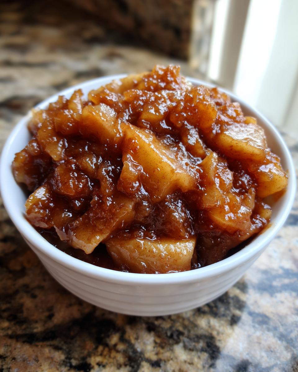 Close-up of a white bowl filled with rich, spiced apple pie filling recipe chunks.