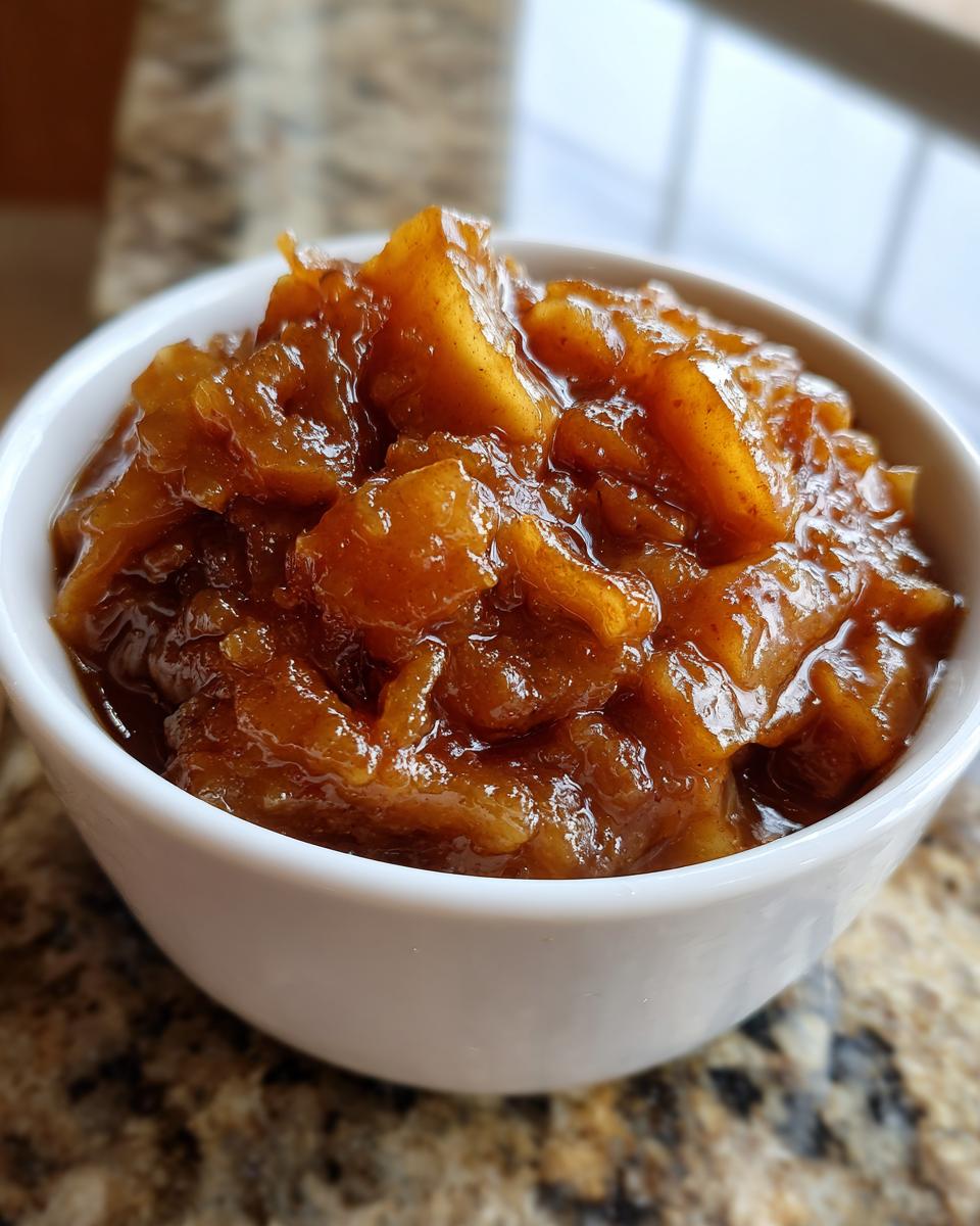 Close-up of rich, spiced apple pie filling recipe served in a small white bowl.