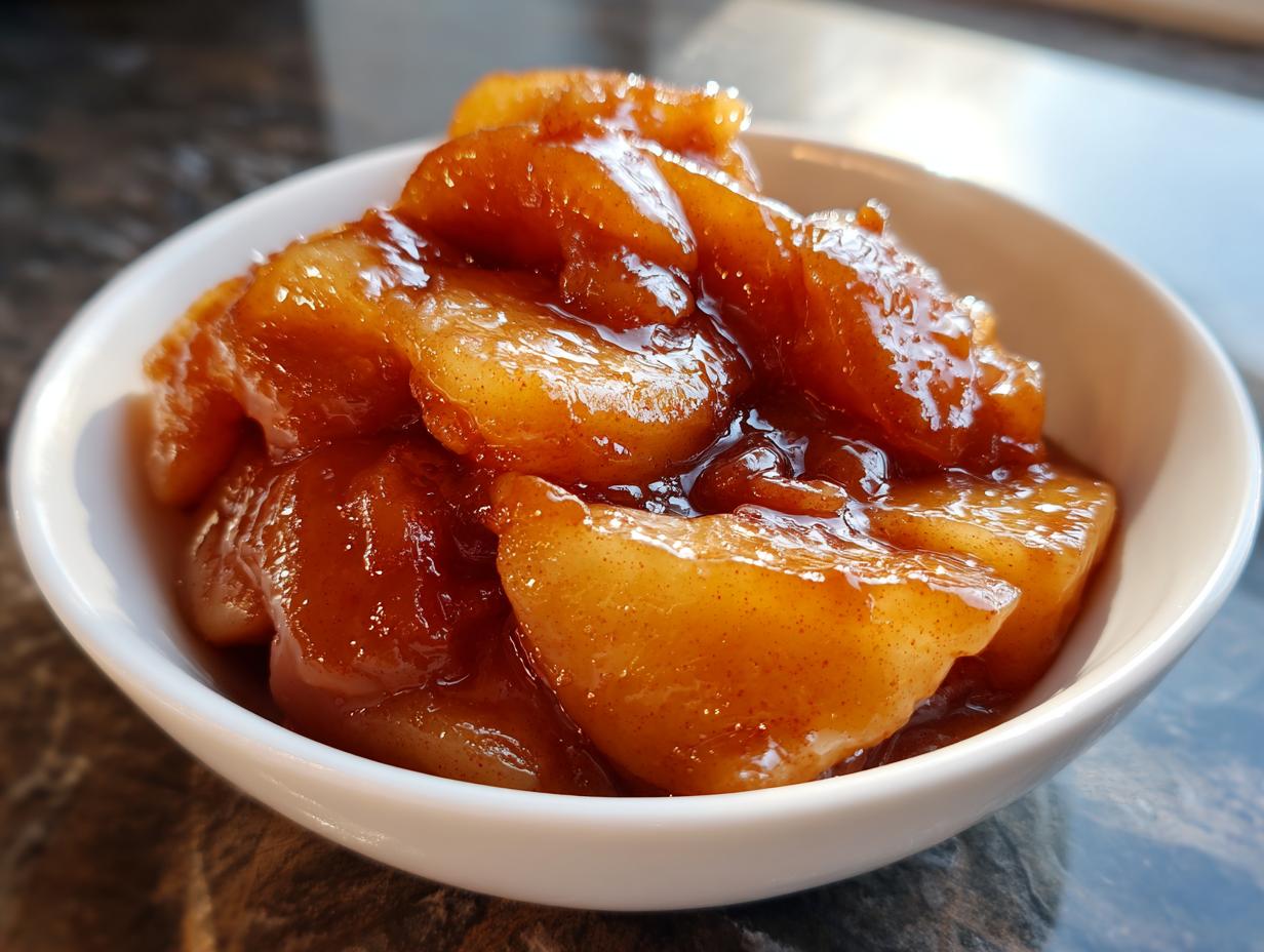 Close-up of thick, glossy, cinnamon-spiced apple pie filling recipe served in a small white bowl.