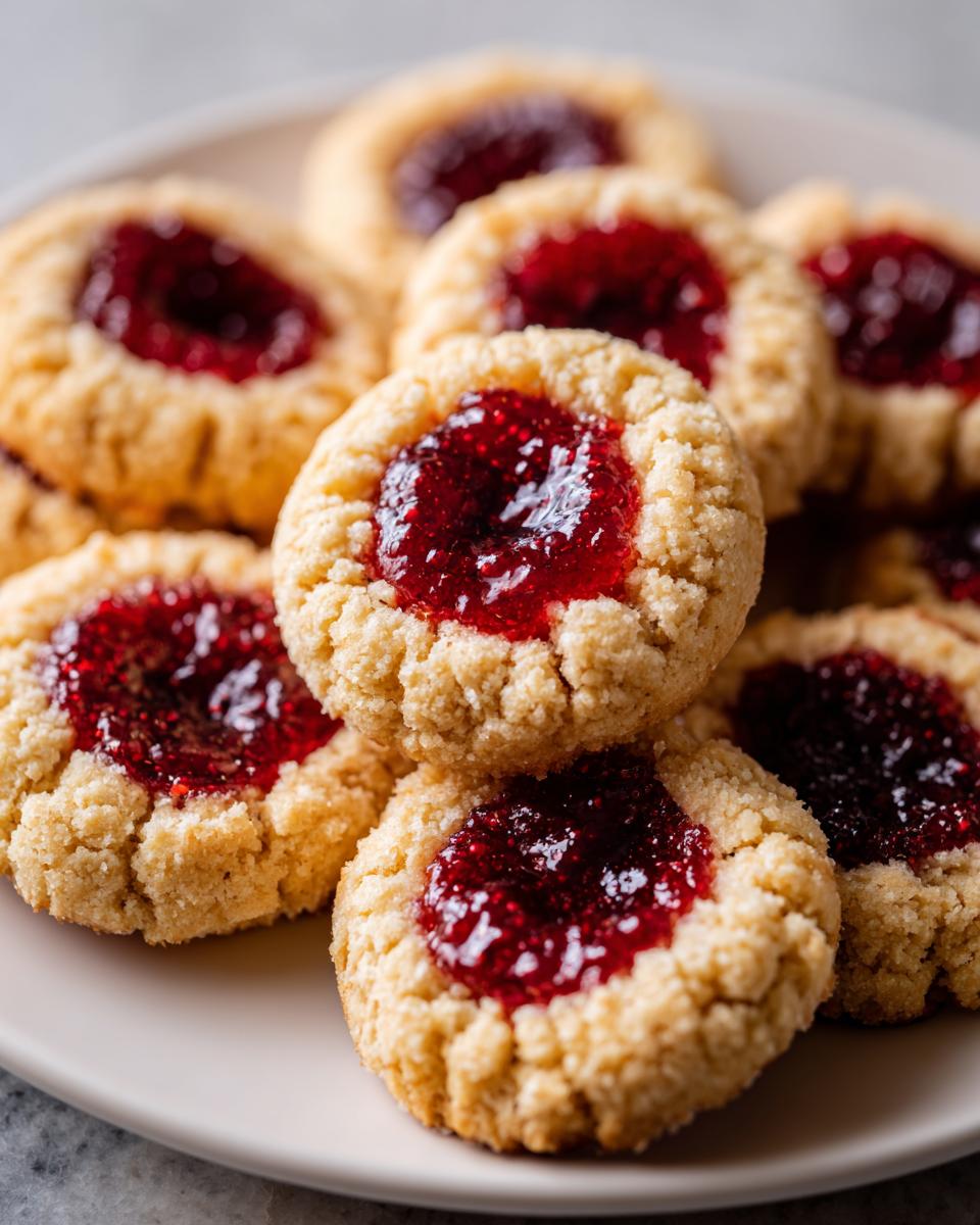 A stack of delicious raspberry thumbprint cookies with bright red jam centers on a light plate.