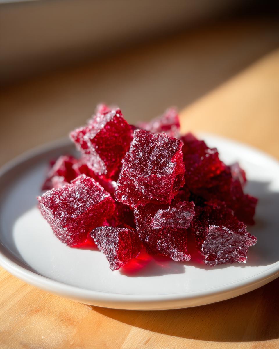 Close-up of bright red, sugar-coated cinnamon rock candy cubes piled on a small white plate.