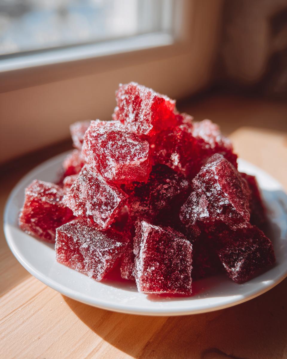 A pile of vibrant red, sugar-coated cubes resembling cinnamon rock candy on a small white plate near a window.
