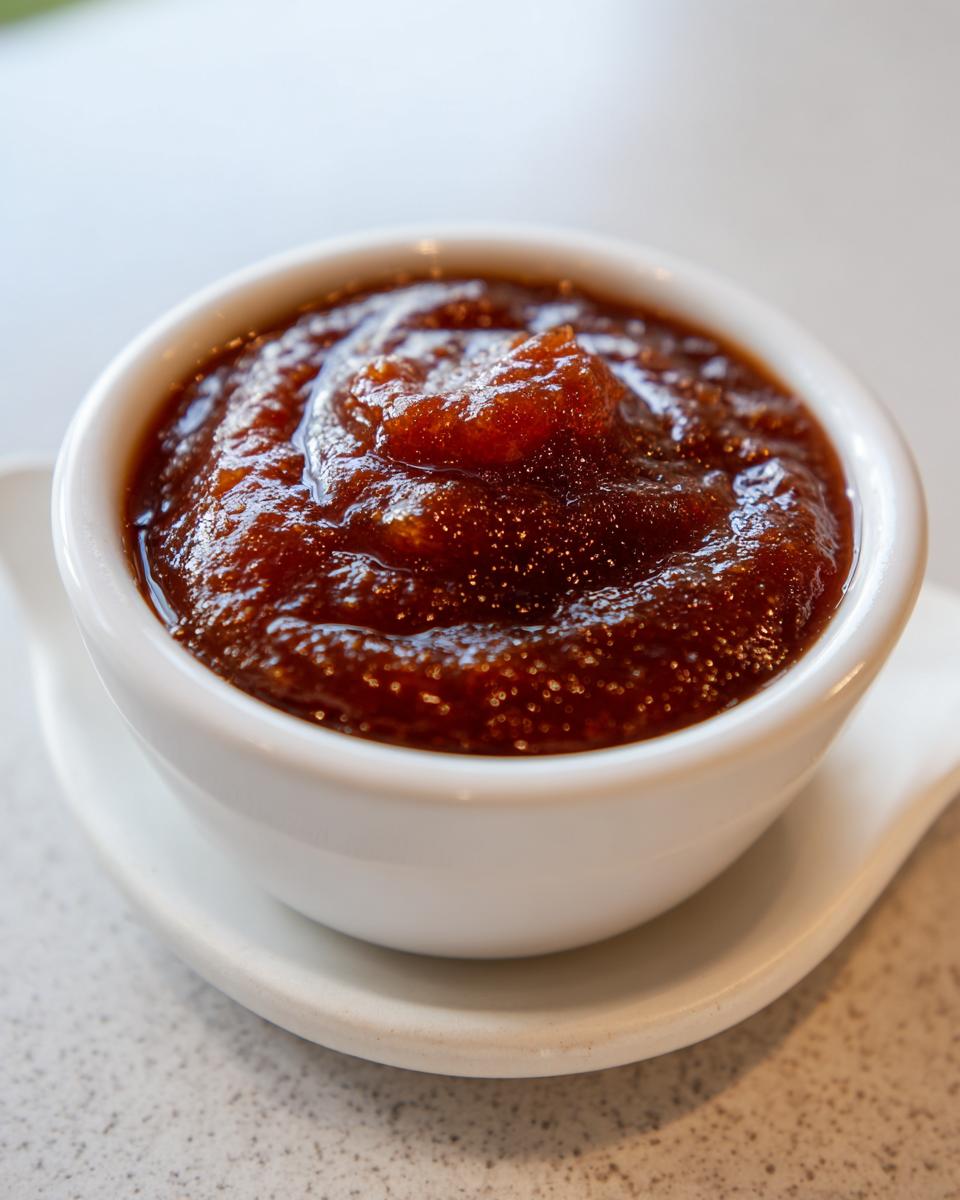 Close-up of thick, dark brown homemade apple butter served in a small white ramekin.