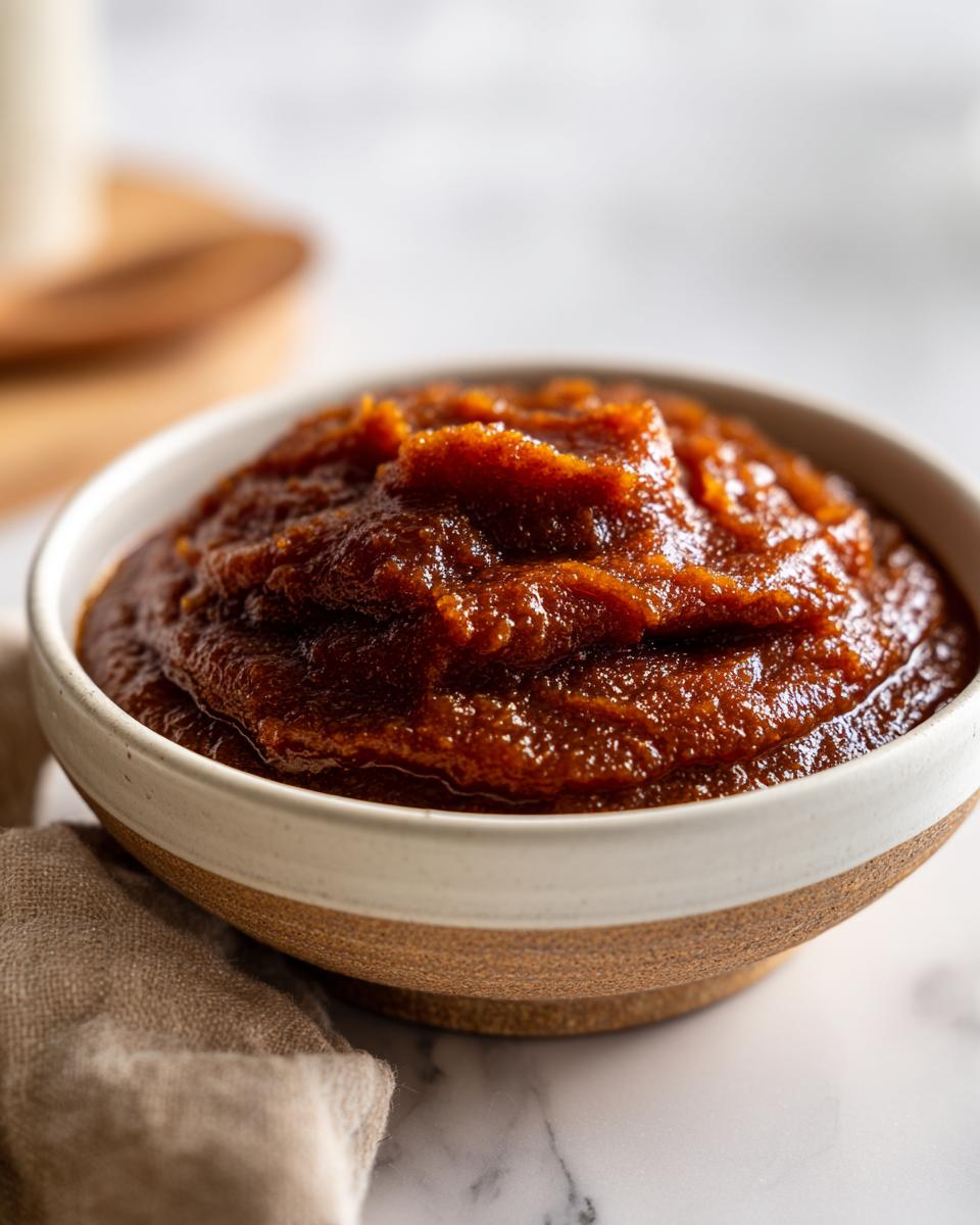 Close-up of thick, dark brown homemade apple butter served in a rustic ceramic bowl.