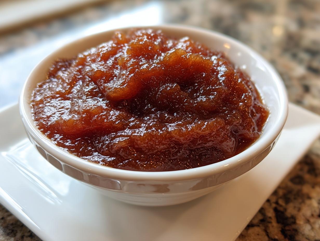 Close-up of thick, dark brown homemade apple butter served in a small white bowl.