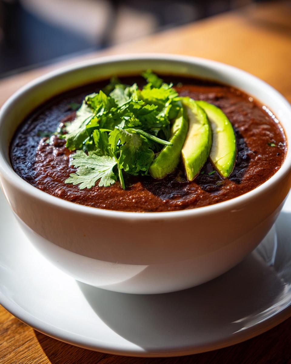 A close-up of a bowl of thick, dark black bean soup garnished with fresh cilantro and sliced avocado.