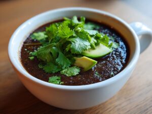 Close-up of a rich, dark black bean soup served in a white mug, topped with fresh cilantro and slices of avocado.