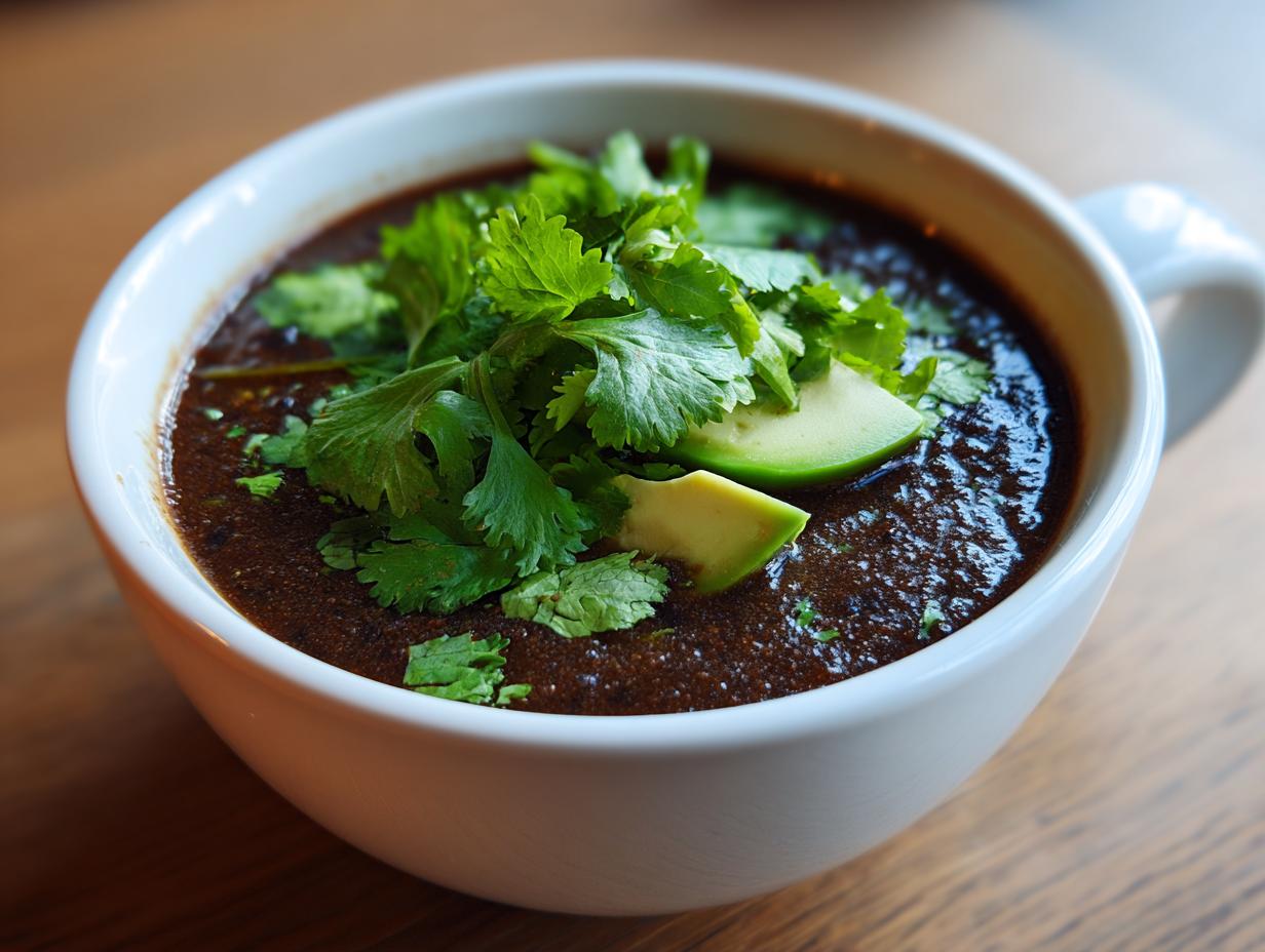 Close-up of a rich, dark black bean soup served in a white mug, topped with fresh cilantro and slices of avocado.