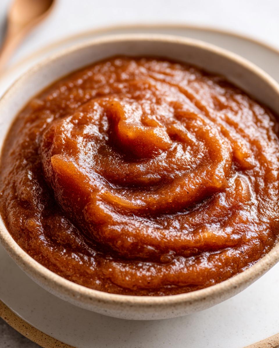 Close-up of thick, dark brown homemade apple butter swirled in a light ceramic bowl.