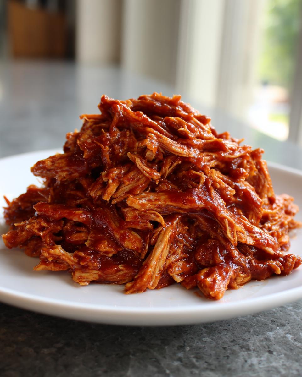 Close-up of a generous mound of saucy, shredded pulled chicken piled high on a white plate.