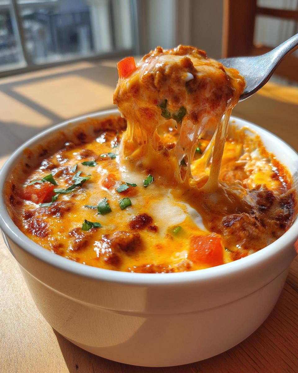 A spoonful of hot, cheesy sausage rotel dip showing extreme cheese pull, served in a white bowl.