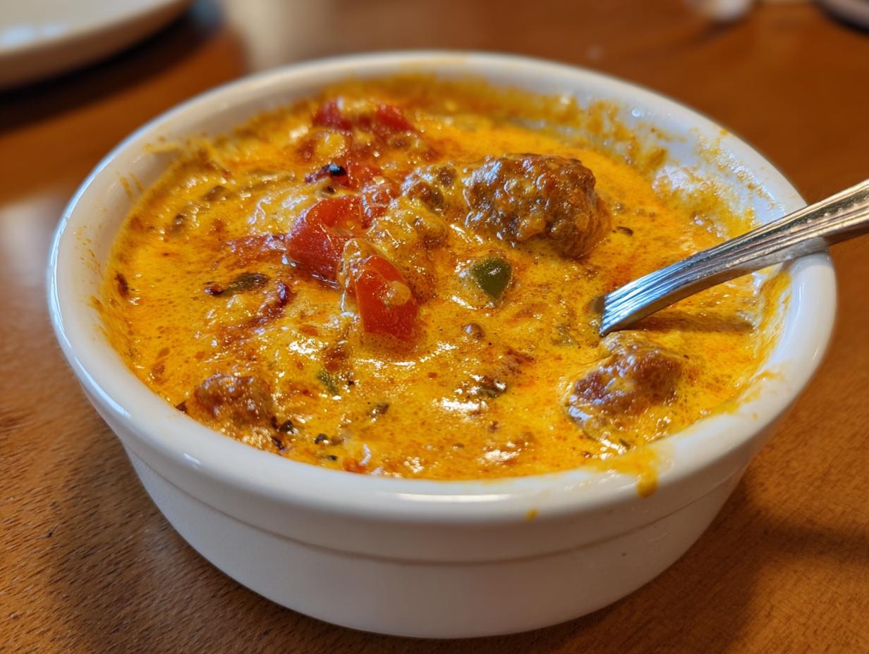 Close-up of a small white bowl filled with bubbling, cheesy Sausage rotel dip featuring sausage chunks and diced tomatoes.
